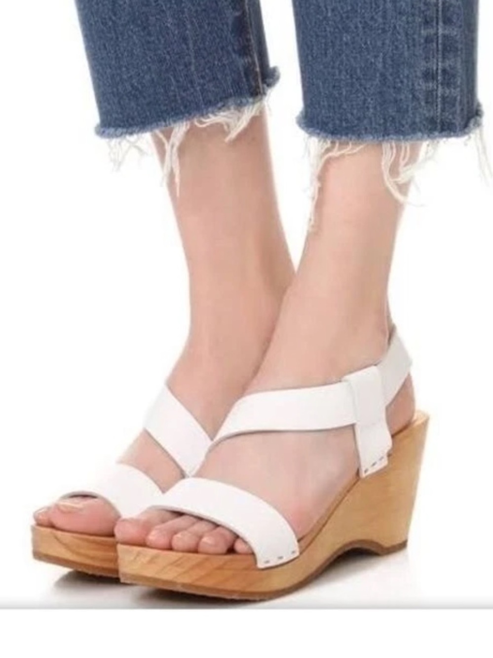 Free People Dune Beach White Leather Wooden Clog Wedge Sandals EU 38 US 7.5